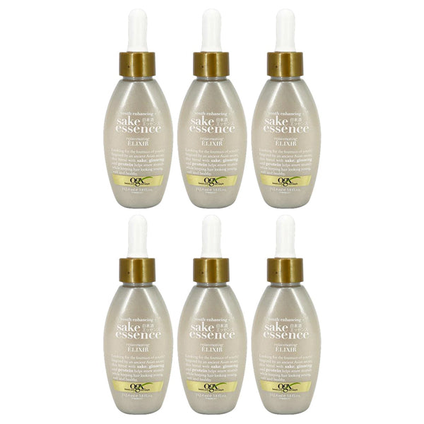 Six bottles of OGX Youth Enhancing + Sake Essence Rejuvenating Elixir with dropper caps are arranged in two rows of three on a white background. Each 3.8 fl oz bottle features a sulfate-free formula for youthful hair.